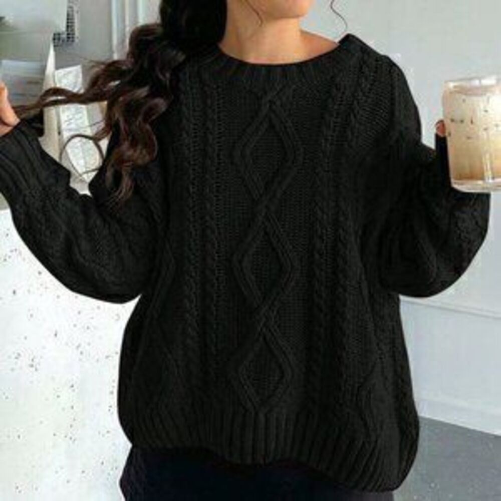 Black Casual Women's Round Neck Cable Knit Loose Pullover Sweater - Picture 3 of 3